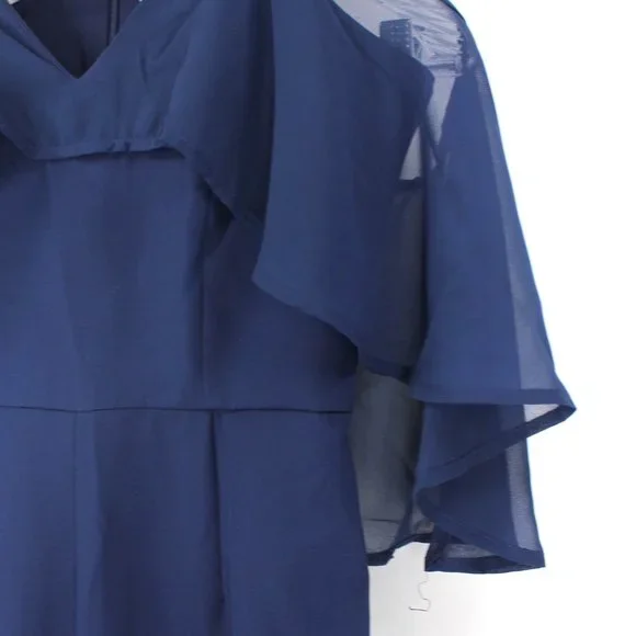 JAY GODFREY Oliver Navy Blue Wide Leg Jumpsuit Chiffon Ruffle Cold Shoulder 2 XS - Picture 4 of 9